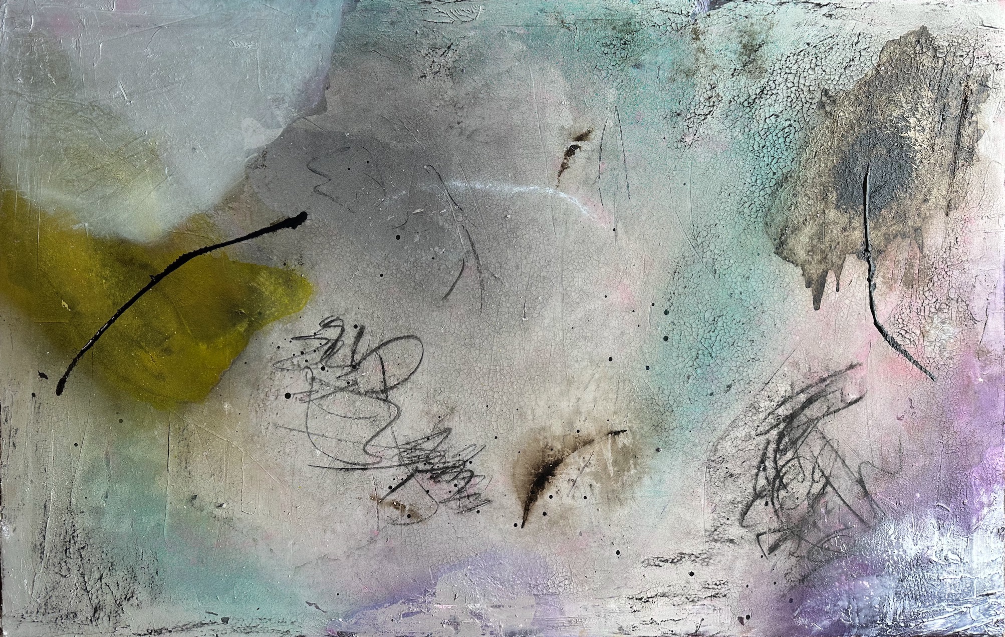 No.17 Still Alive – abstrakte Komposition in Grau, Mint, Flieder, Rosé, Olive und Graphit